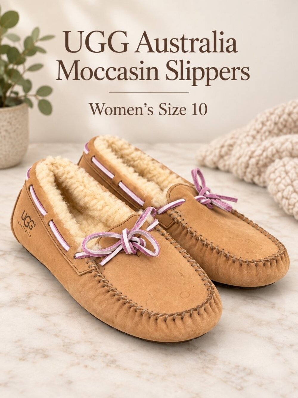 UGG Australia Tan Suede Sheepskin Moccasin Slippers Size 10